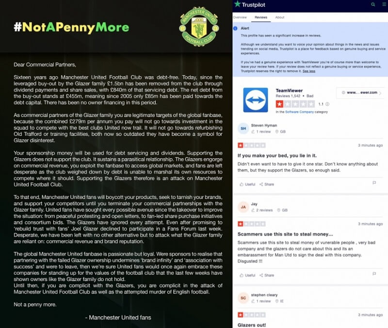 Nhiều người cho TeamViewer đánh giá 1 sao vì tài trợ MU. (Ảnh: Twitter)
