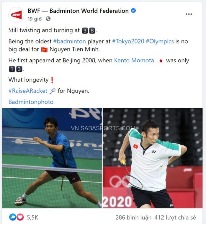 Bài đăng vinh danh Tiến Minh của BWF (Ảnh: AFP)