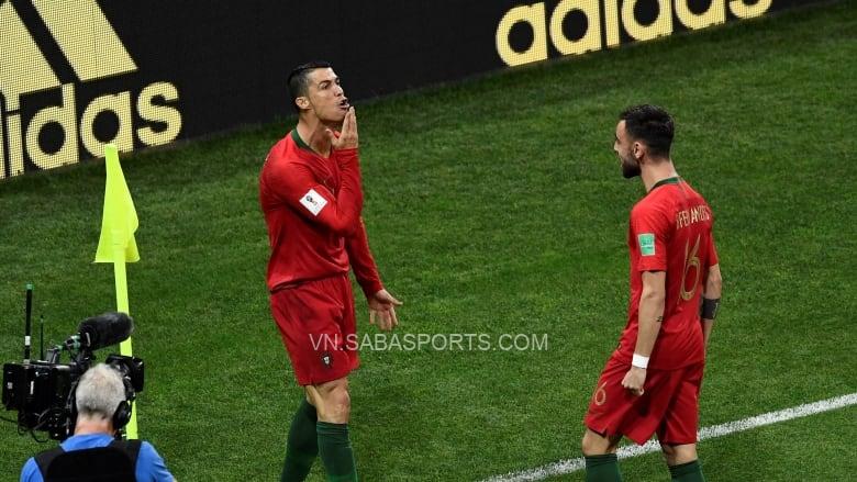 Ronaldo ăn mừng bàn thắng vào lưới Tây Ban Nha ở World Cup 2018