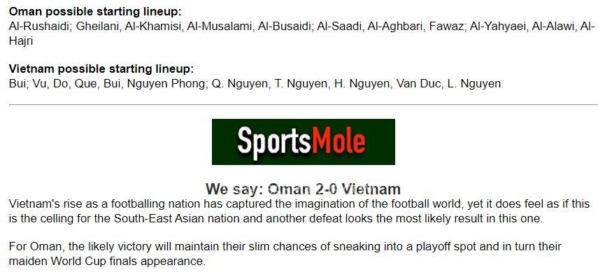 Sports Mole dự đoán đội hình và tỷ số trận Oman vs Việt Nam