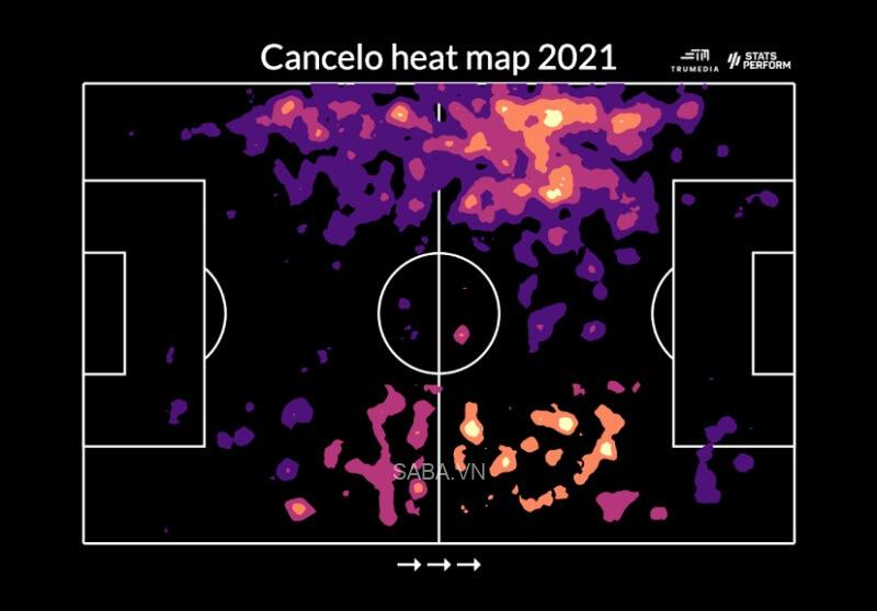 Bản đồ nhiệt của Cancelo năm 2021. (Ảnh: The Athletic)