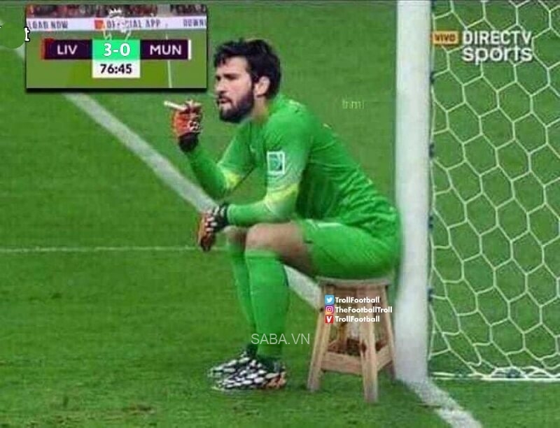 Một ngày nhàn hạ của thủ thành Alisson Becker. Cả trận, anh chỉ phải đối mặt với 2 cú sút. (Ảnh: Troll Football)