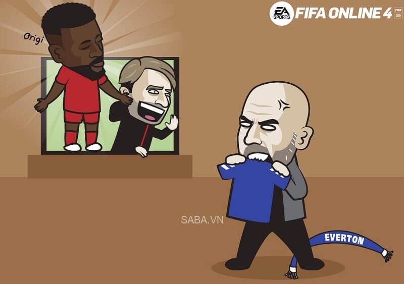 Một ngày làm fan Everton của Pep Guardiola. (Ảnh: Just Toon It)