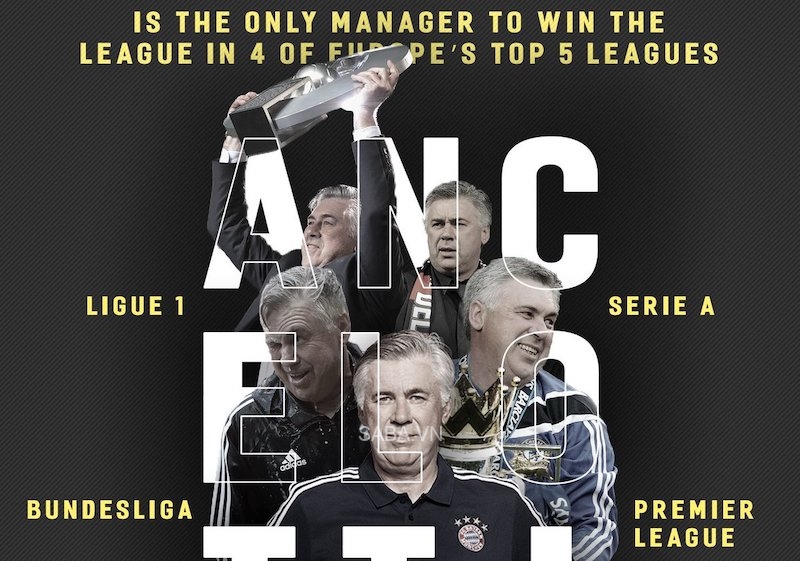 Ancelotti là HLV duy nhất vô địch tại 4/5 giải quốc nội danh giá nhất hành tinh