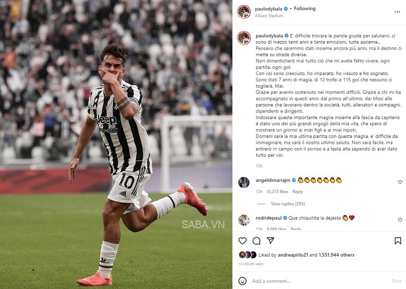 Dybala đăng tải bài viết trên trang Instagram cá nhân