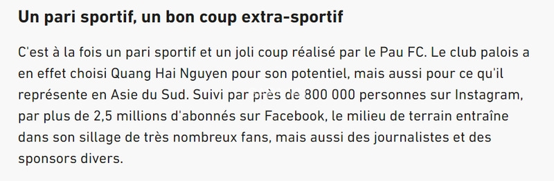 Bài báo cho rằng Pau FC sẽ được hưởng lợi rất nhiều từ độ "hot" của Quang Hải
