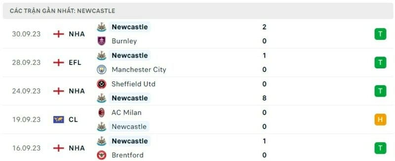 Phong độ thi đấu Newcastle gần đây.