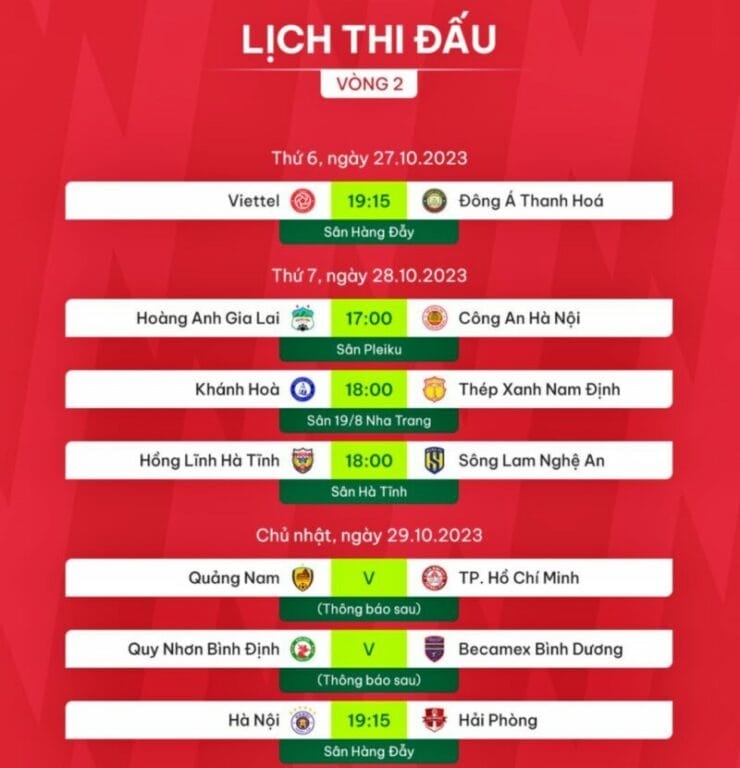 Lịch thi đấu vòng 2 V-League 2023/24