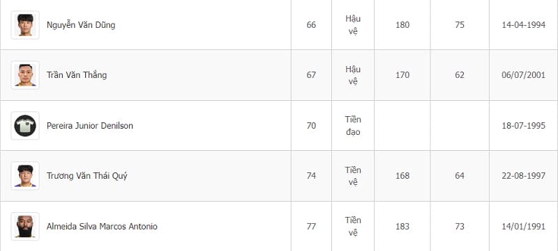 Tên Denilson xuất hiện trong danh sách 25 cầu thủ CLB Hà Nội (Ảnh: VPF)