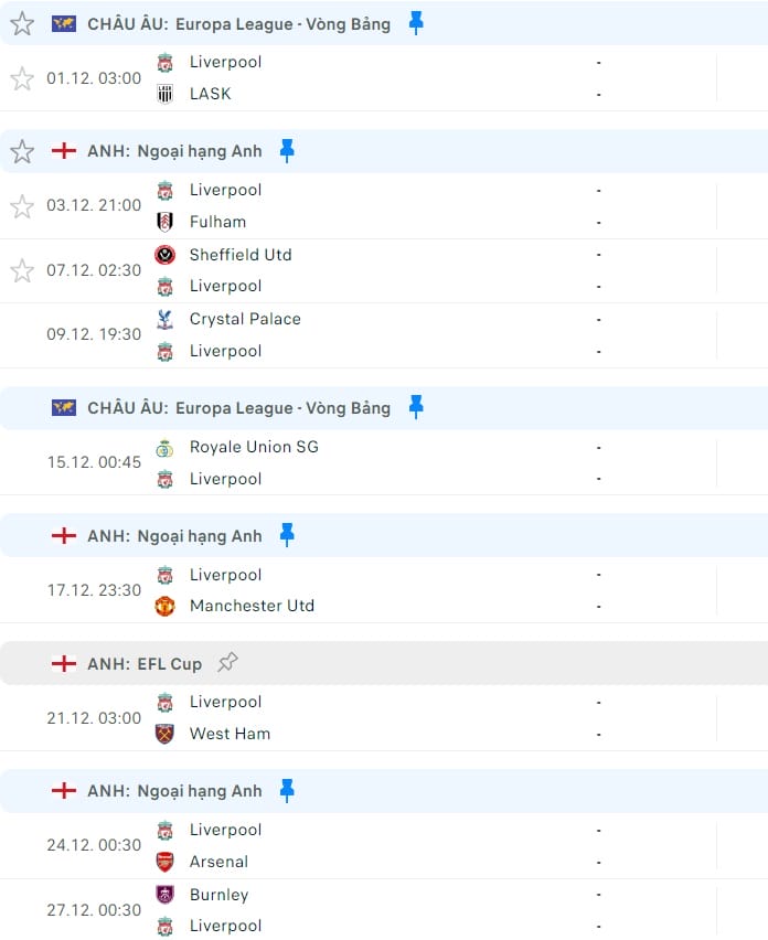 Lịch thi đấu tháng 12 của Liverpool