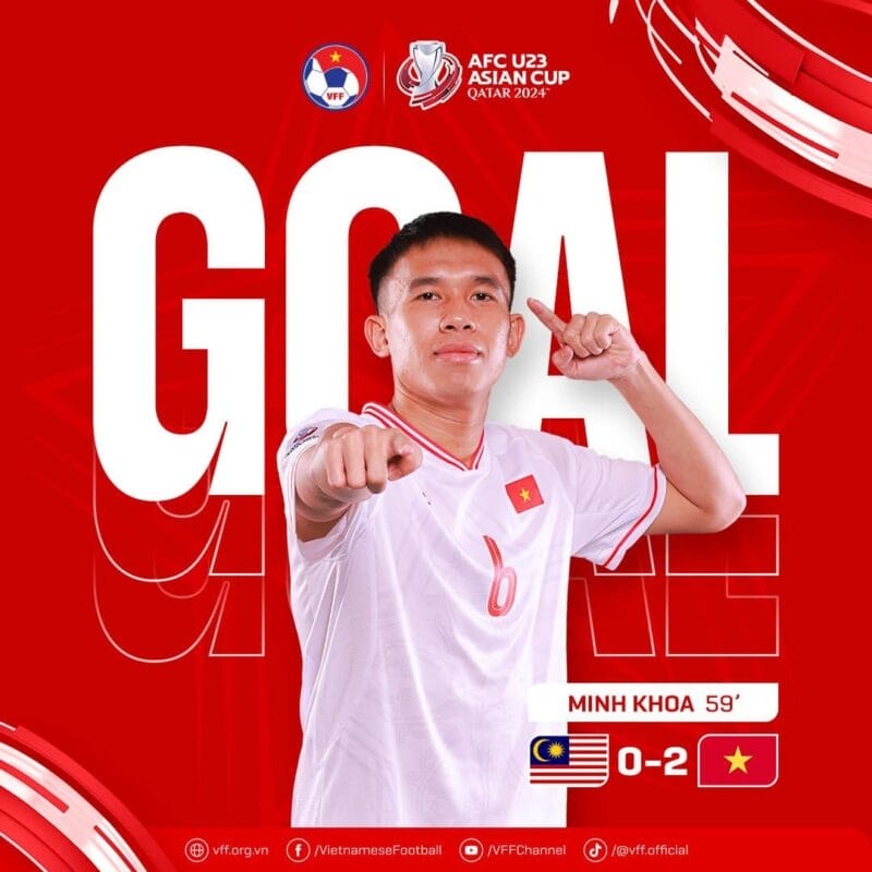 Minh Khoa đưa U23 Việt Nam vượt lên dẫn trước 2-0 (Ảnh: VFF).