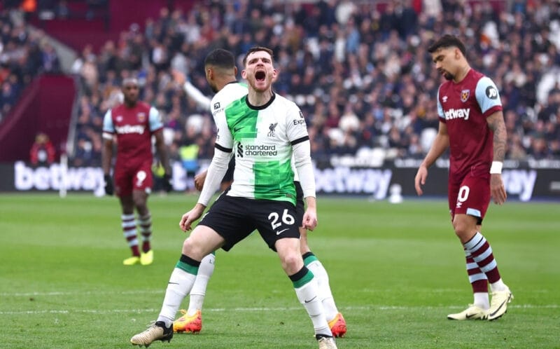 Andrew Robertson gỡ hòa cho Liverpool.