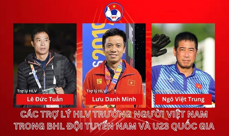 Lê Đức Tuấn, Lưu Danh Minh và Ngô Việt Trung sẽ là trợ lý cho HLV Kim Sang Sik (Ảnh: VFF).