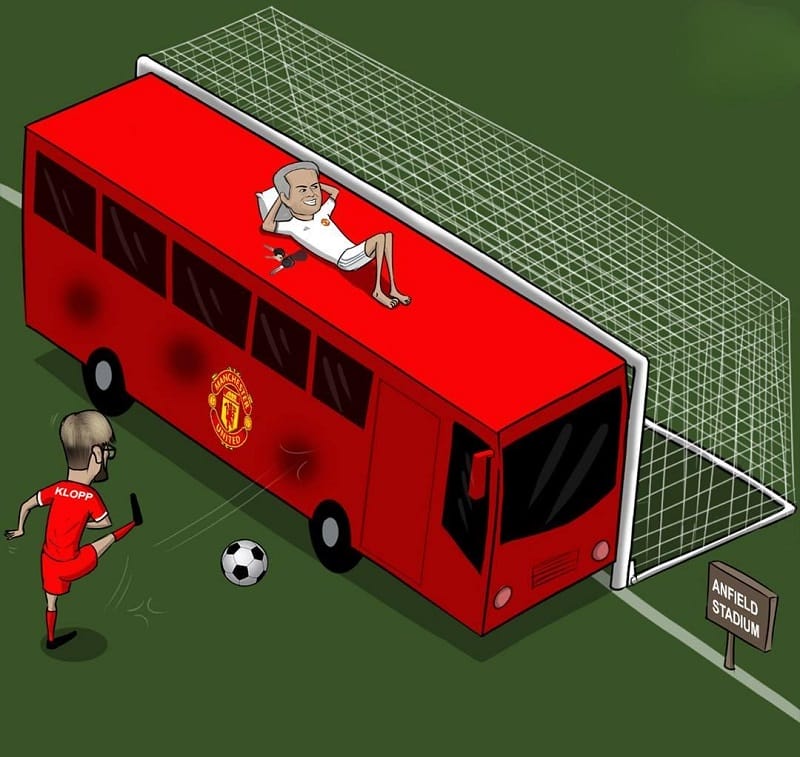 Biếm họa HLV Mourinho “đỗ xe bus” trước khung thành đội nhà