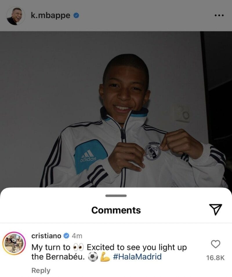 Ronaldo bình luận dưới bài đăng xác nhận đến Real Madrid của Kylian Mbappe (Ảnh: X Madrid Xtra).