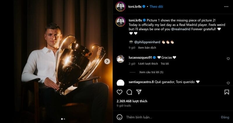 Toni Kroos đăng bài chia tay Real Madrid (Ảnh: Instagram).